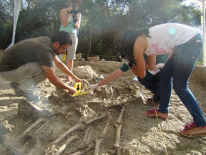 Miembros del Servicio de Investigación Criminalística de la Comandancia de la Guardia Civil de Cádiz inspeccionan una de las fosas comunes del Marrufo, en presencia del arqueólogo, Jesús Román.