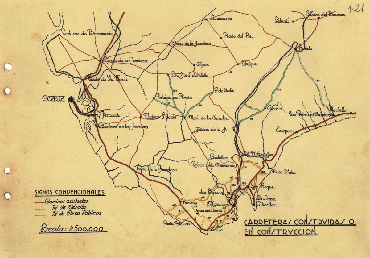 Mapa elaborado por el ejército a principios de los años 40 del siglo pasado en el que se pueden ver las carreteras y carriles que estaban hechos o se estaban haciendo con el trabajo esclavo de los prisioneros.